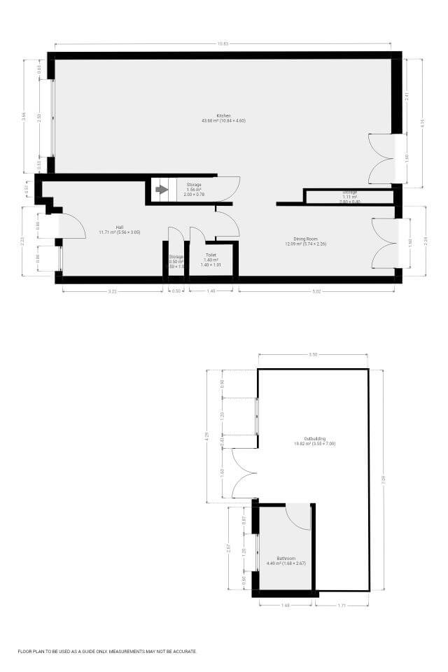 One of our floor plans of a house with an outbuilding